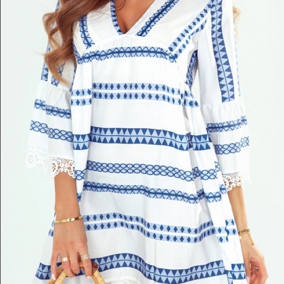 Blue and white vintage V-neck dress - Picture 5 of 7